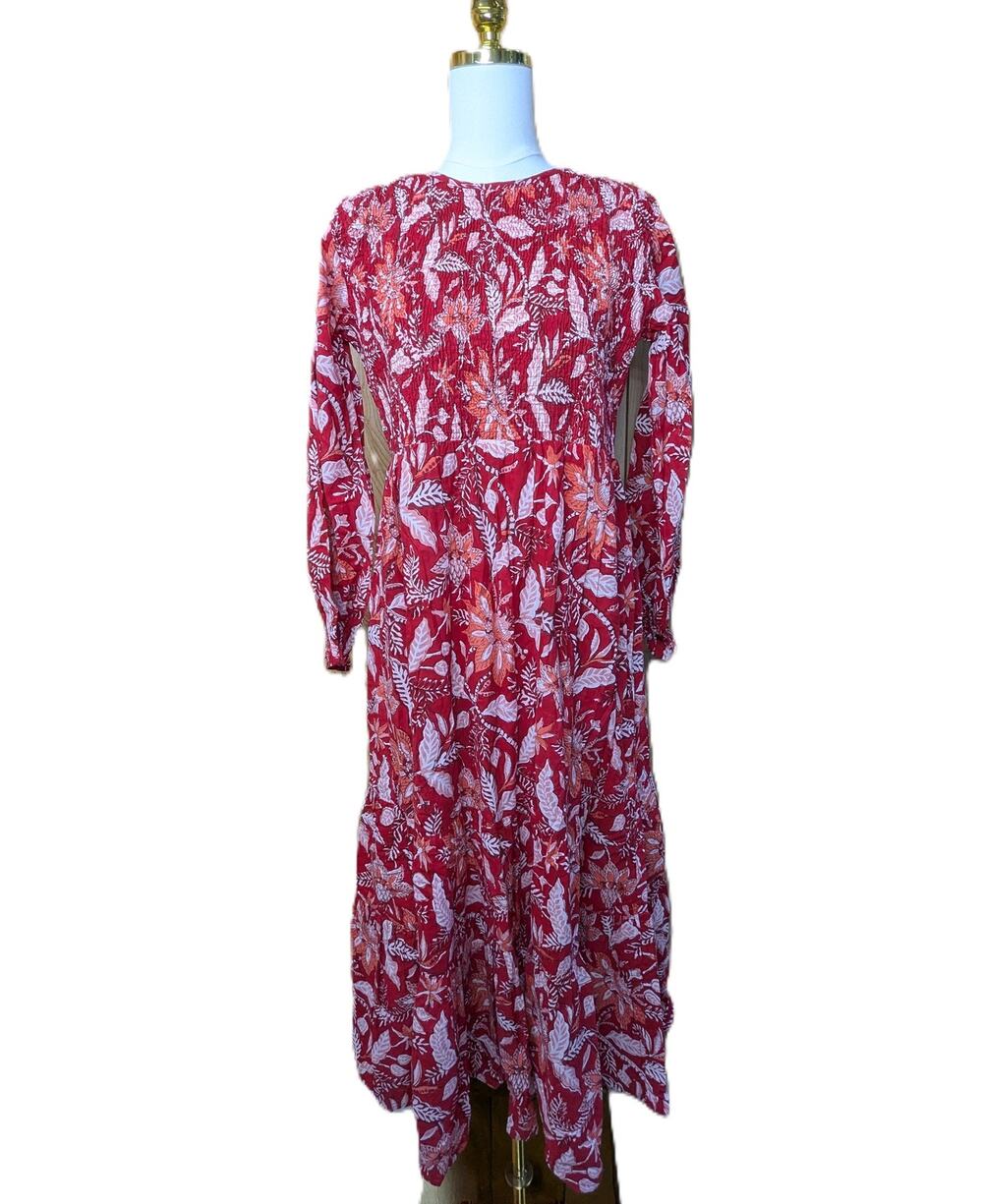 NWT Madison Mathews Red Orange Floral Midi Dress Sz L Relaxed Beachy Cottagecore